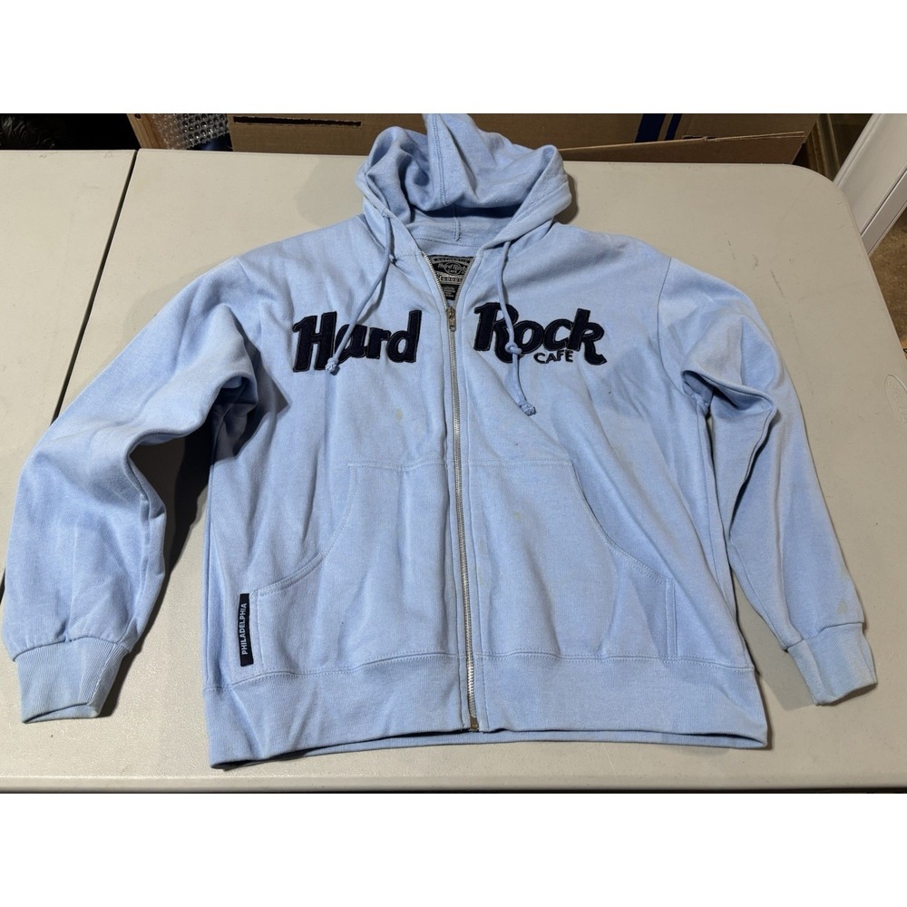 Vintage Y2K Hard Rock Cafe Goods Hoodie Size Xl Baby Blue Full Zip Philadelphia